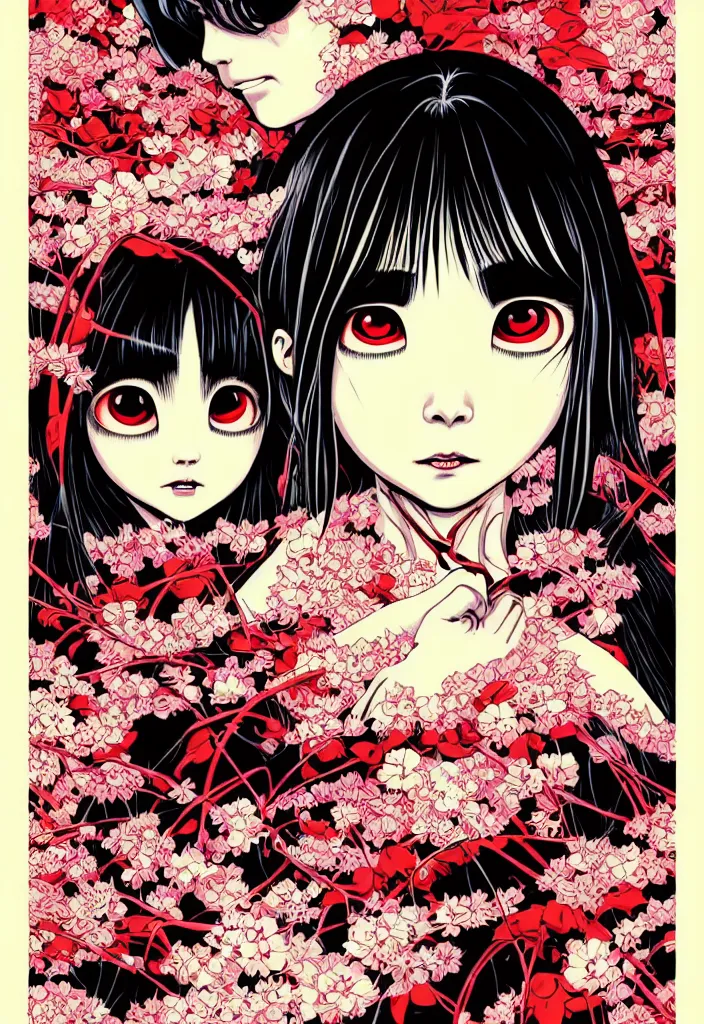 Image similar to a comic book style japanese horror poster of girl with large eyes by dan mumford, yusuke murata, junji ito and artgerm, blood lines, yokai, shinigami, cherry blossom, eyes, shurikens, kanji, 8k, unreal engine, trending on artstation, pixiv, intricate details, volumetric lighting