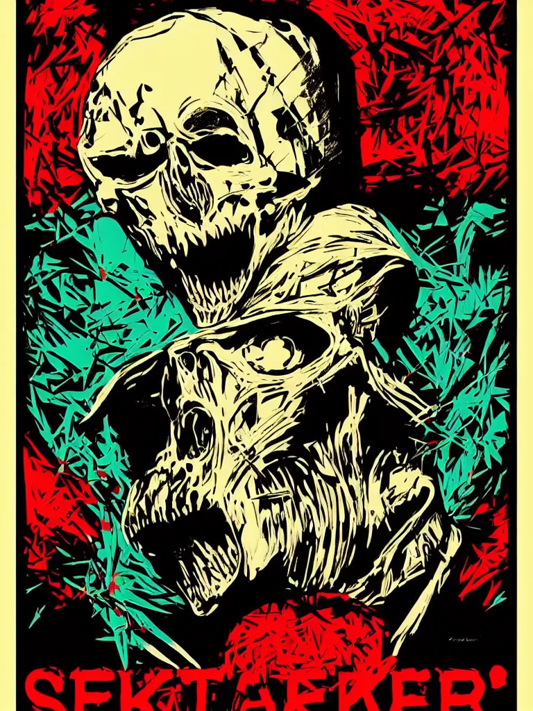 Image similar to portrait of skeletor, poster, fear, ominous, danger, by shepard fairey