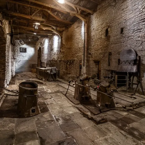 Image similar to an old medieval dungeon with rusty mechanical equipment,