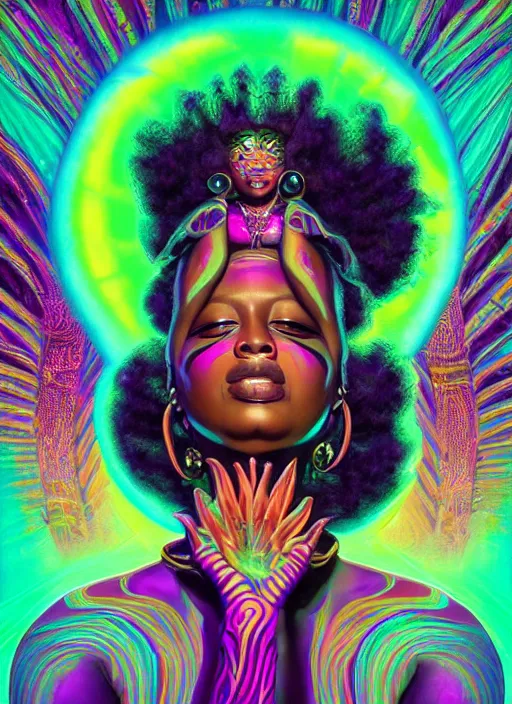 Prompt: portrait of beautiful afrofuturism synthwave voodoo priestess puffing dank herb, matte painting concept art, beautifully backlit, swirly vibrant color lines, vivid tones, cinematic aesthetic octane render, trippy fractals, by rhads, james jean, ross tran and artgerm