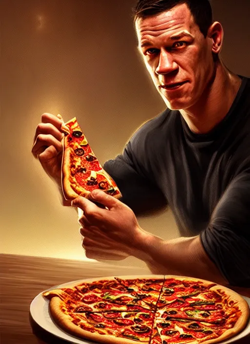 Image similar to portrait of john cena eating pizza, intricate, elegant, glowing lights, highly detailed, digital painting, artstation, concept art, smooth, sharp focus, illustration, art by wlop, mars ravelo and greg rutkowski