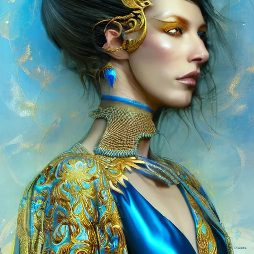 Image similar to a beautiful woman wearing a blue kaftan made of silk with golden ornaments by alex gray and android jones , Karol Bak, Ayami Kojima, Amano , concept art, character design, fantasy,3D, 8k resolution