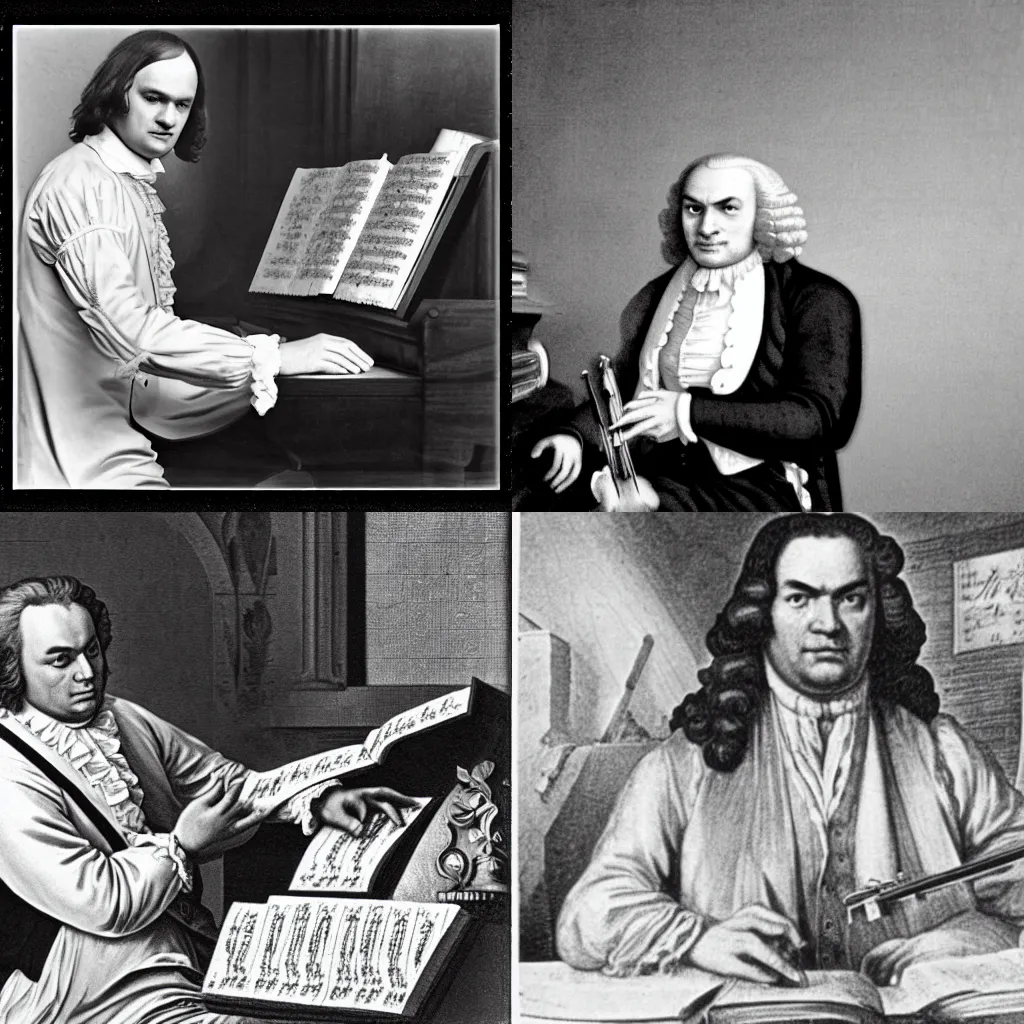 Prompt: Johann Sebastian Bach writes a new symphony, black and white old photo, Kodak, 35mm,