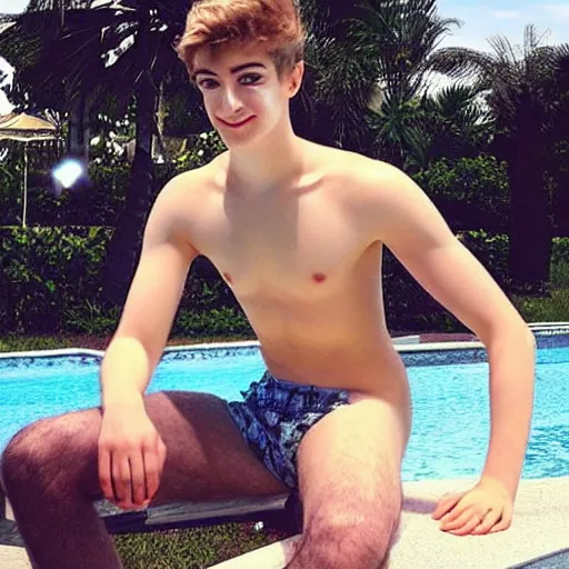 Image similar to “a realistic detailed photo of a guy who is an attractive humanoid who is half robot and half humanoid, who is a male android, twitch streamer Ninja Tyler Blevins, shiny skin, posing like a statue, blank stare, by the pool as a pool boy , display”