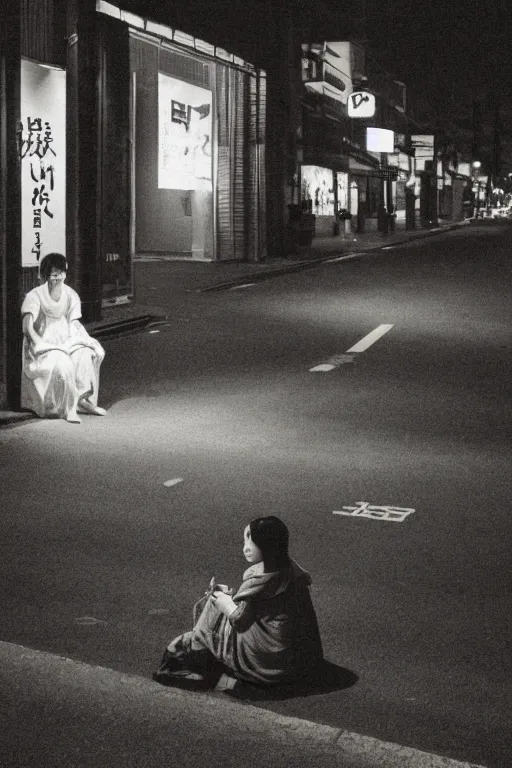 Image similar to a woman sitting in the middle of a tokyo street at night, in the style of the dutch masters and Gregory Crewdson