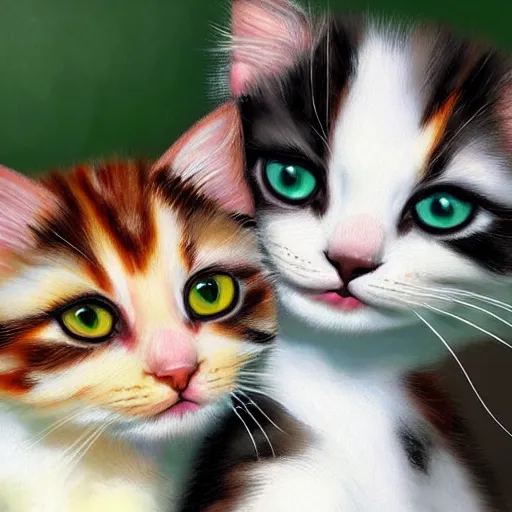 Prompt: close up of two beautiful calico kittens outside on a beautiful day, beautiful painting, featured on artstation, cgsociety, behance hd