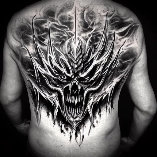 Prompt: diablo lord of terror engulfed in flames, 3/4 shot from below, full body, detailed greyscale tattoo by Dmitriy Tkach