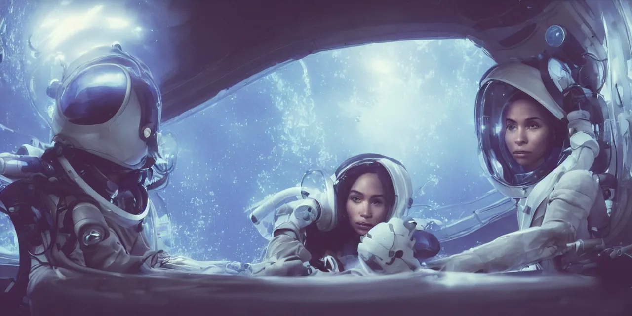 Image similar to Zoe Kravitz futuristic astronaut, outside large window of ship, helmet with clear HUD shield and led lights, underwater in the ocean at night, clear water, bubbles, volumetric lighting, glowing lights, 4k, octane, digital painting, artstation, concept art, sharp focus, illustration, high contrast, high saturation , cinematic film still, art by artgerm and greg rutkowski and alphonse mucha , wide angle view,