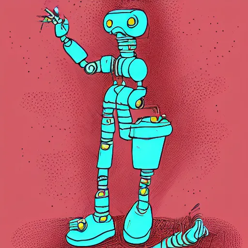 Prompt: an androgynous robot, wearing fashion gear, walking down a hill in Haight-Ashbury, in the style of R. Crumb, digital art