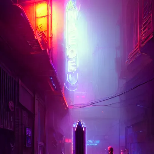 Image similar to a vending machine dimly neon lighting a dark alley, by greg rutkowski and gaston bussiere, dim purple and blue neon lighting, beautiful volumetric - lighting - style atmosphere, futuristic atmosphere, intricate, detailed, photorealistic imagery