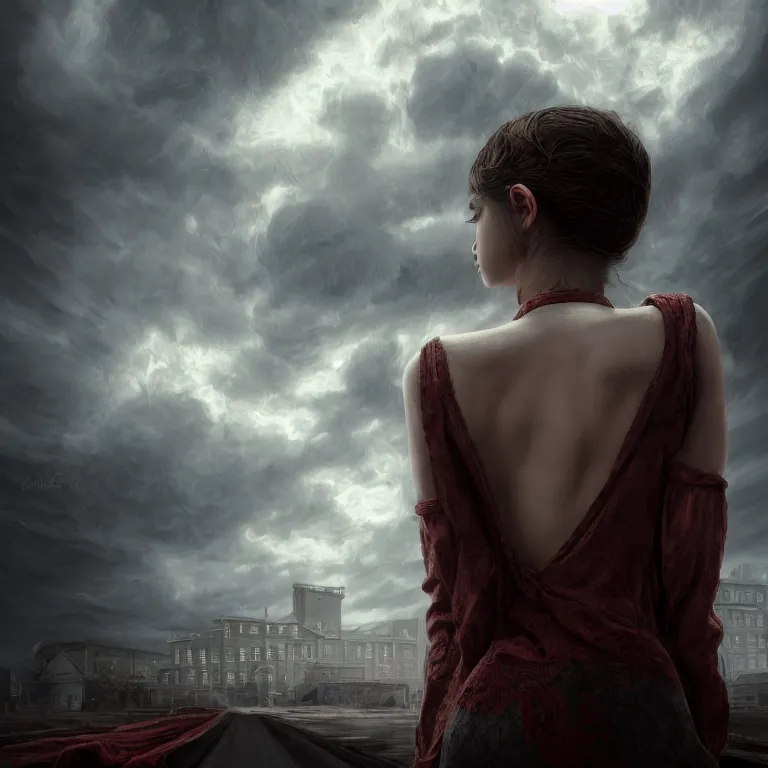 Image similar to a beautiful Cotton Mill Girl, symmetrical, perfect body and face, centered, dramatic angle, ornate, details, smooth, sharp focus, illustration, realistic, cinematic, artstation, award winning, rgb , unreal engine, octane render, cinematic light, macro, depth of field, blur, red light and clouds from the back, highly detailed epic cinematic concept art CG render made in Maya, Blender and Photoshop, octane render, excellent composition, dynamic dramatic cinematic lighting, aesthetic, very inspirational, arthouse by Henri Cartier Bresson