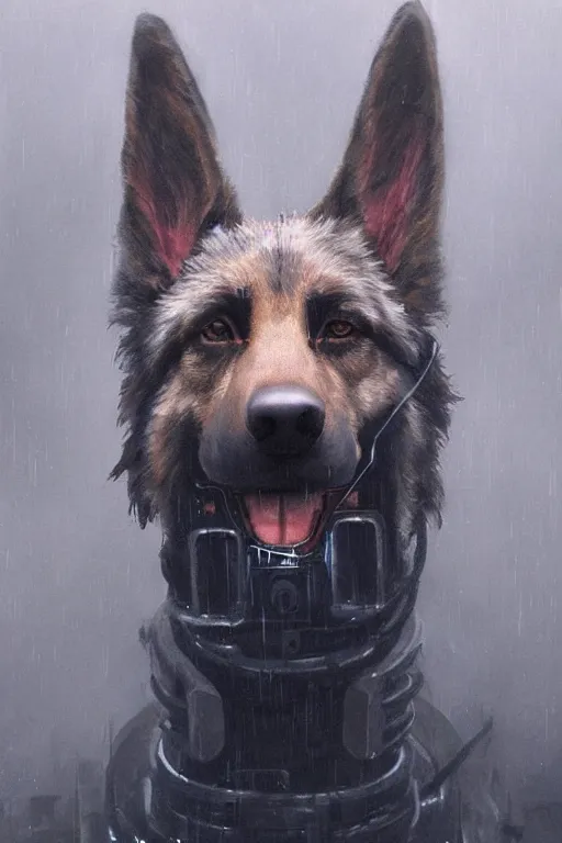 Image similar to new york city portrait of furry anthro anthropomorphic german shepard head animal person fursona exposed machinery strange cybernetic augmentations cyber muzzle robot body gloomy rainy cyberpunk digital art by Greg Rutkowski, Simon Stalenhag, trending on Artstation, CGSociety