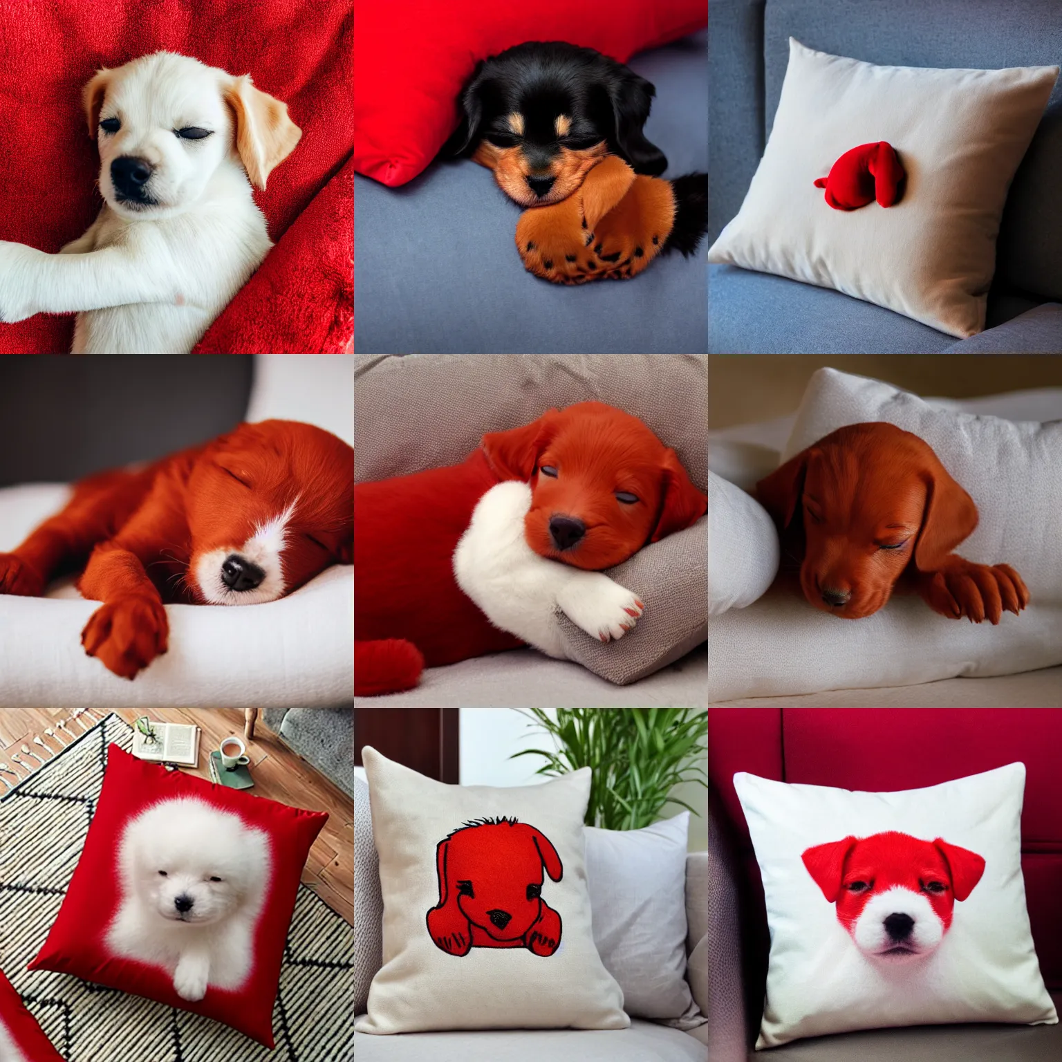 Prompt: an adorable red puppy sleeping on a pillow