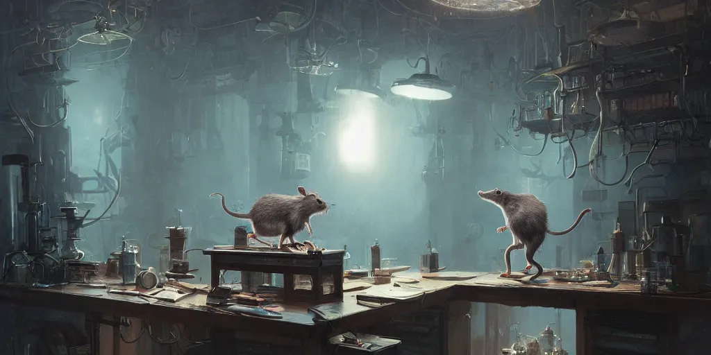 Prompt: highly realistic intricate rat standing on a desk in a laboratory with lots of flasks filled with magic liquids and poisonous fog, stephen bliss, unreal engine, fantasy art by greg rutkowski, loish, rhads, ferdinand knab, ilya kuvshinov, rossdraws, tom bagshaw, global illumination, radiant soft light, detailed and intricate environment