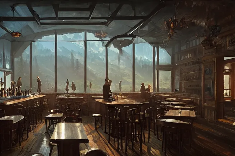 Image similar to interior of a 1 9 th century western american tavern, the bar, cimenatic, dramatic lighting, cool, ultra - wide view, westworld style, by gabriel yeganyan, peter mohrbacher and ghibli