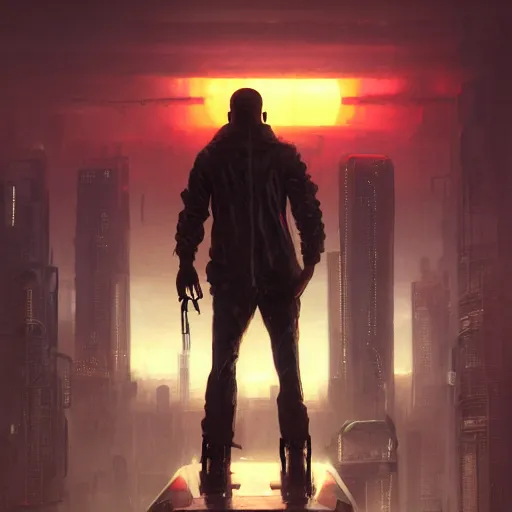 Image similar to samuel jackson, cyberpunk ex soldier with a scar in his face, sunset, neuromancer, cyberpunk city background, megacity, gorgeous view, depth, painted by seb mckinnon, high detail, digital art, painted by greg rutkowski, trending on artstation