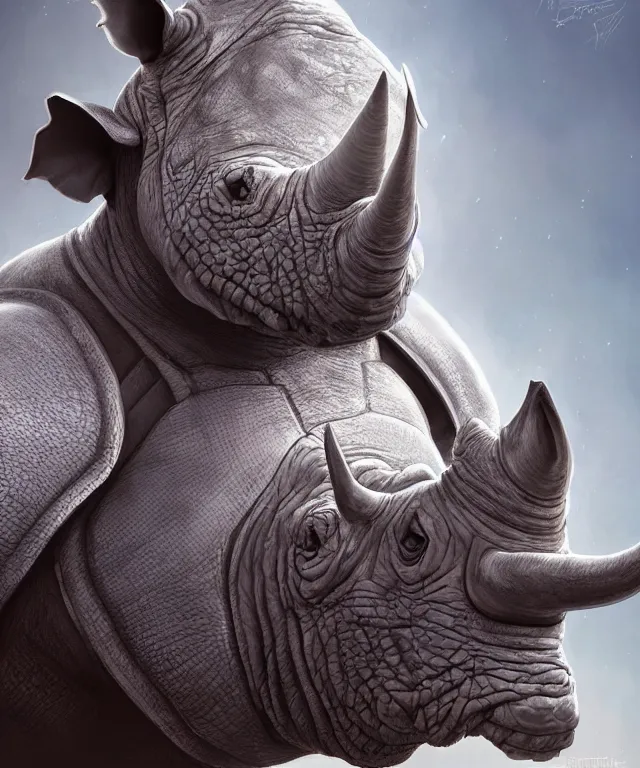 Prompt: A beautiful portrait of an anthropomorphic rhino wearing paladin armor, front facing!!, character design, by Pixar style by Tristan Eaton_Stanley Artgerm and Tom Bagshaw, hyper realism, high detail, trending on artstation, unreal engine 5, Lumen, 8k, 38mm photography