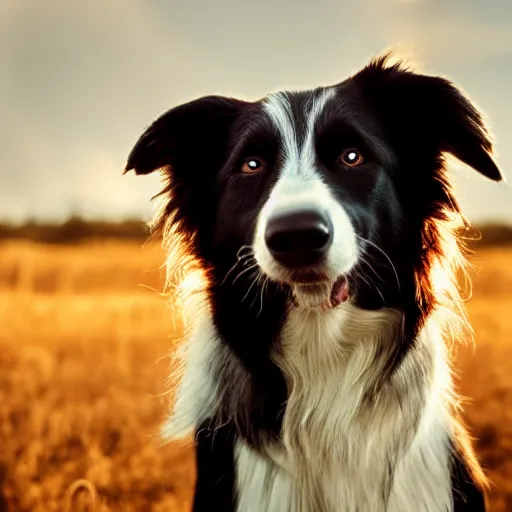 Image similar to Border Collie, splash art, movie still, cinematic lighting, dramatic, octane render, long lens, shallow depth of field, bokeh, anamorphic lens flare, 8k, hyper detailed, 35mm film grain