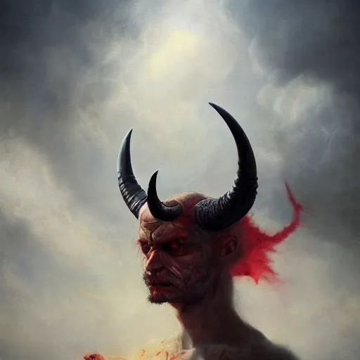 Prompt: breathtaking soft painting of angry devil with huge horns in a bloody sky, realistic symmetrical face features, rembrandt style, elegant, highly detailed, artstation, concept art, matte, sharp focus, art by tom bagshaw, and greg rutkowski