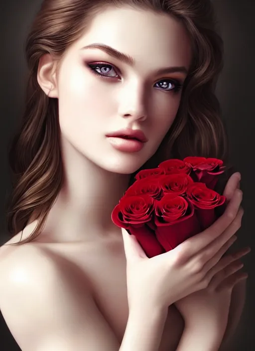 Image similar to a gorgeous female photo, professionally retouched, soft lighting, holding a bouquet of roses, realistic, smooth face, perfect eyes, wide angle, sharp focus on eyes, 8 k high definition, insanely detailed, intricate, elegant, art by artgerm and wlop