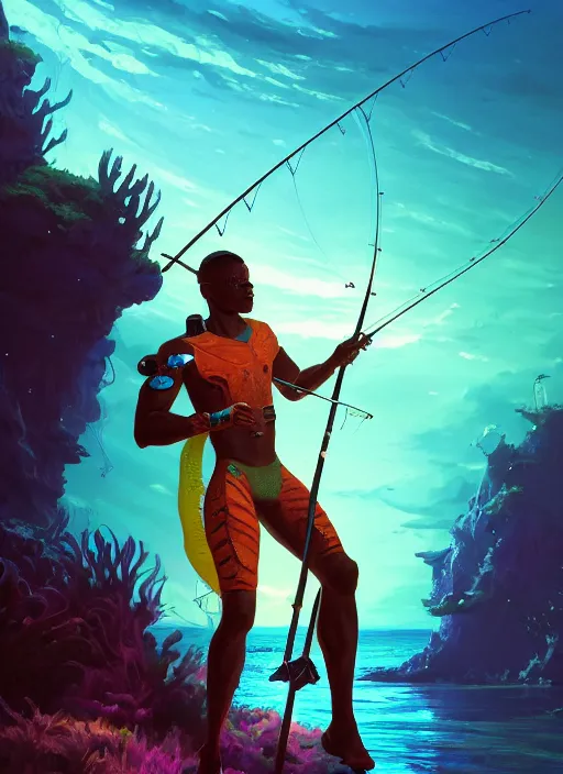 Image similar to portrait of a male jamaican fisherman sci - fi glowing fishing armor and fishing weapon cyberpunk muscular intricate elegant highly detailed digital painting artstation concept art, ocean background, jamaican colors, cinematic, greg rutkowski, loish, rhads, ferdinand knab, makoto shinkai and lois van baarle, ilya kuvshinov, rossdraws, tom bagshaw