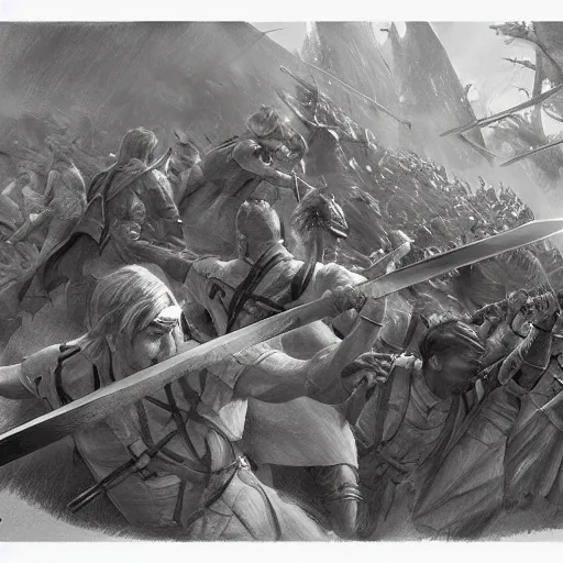 Image similar to close up of biggest sword fight ever, pencil sketch, realistic shaded, fine details, realistic shaded lighting poster by greg rutkowski