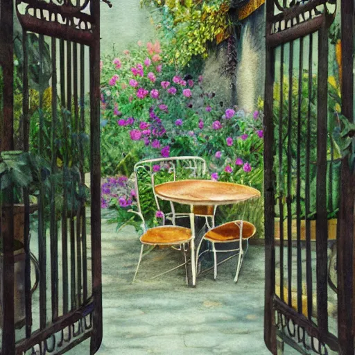 Image similar to delicate, tiger, chairs, garden, paved, botanic watercolors, iridescent, 8 k, realistic shaded, fine details, artstation, italian, iron gate, tree, mediterranean, marvelous