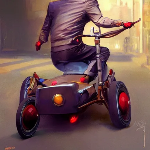 Image similar to hyper realistic absurd, silly, making insane faces, steve buscemi riding a tiny tricycle, painted by greg rutkowski, wlop, artgerm