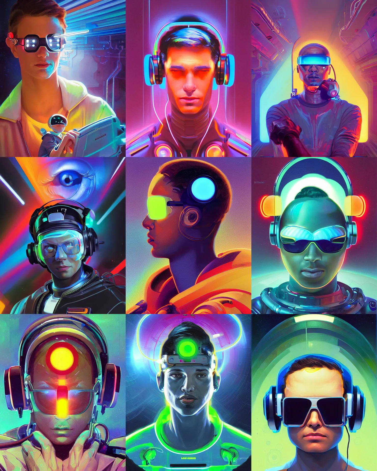 Prompt: future coder man looking on, sleek cyclops display over eyes and sleek bright headphoneset, neon accent lights, holographic colors, desaturated headshot portrait digital painting by dean cornwall, rhads, john berkey, tom whalen, alex grey, alphonse mucha, donoto giancola, astronaut cyberpunk electric