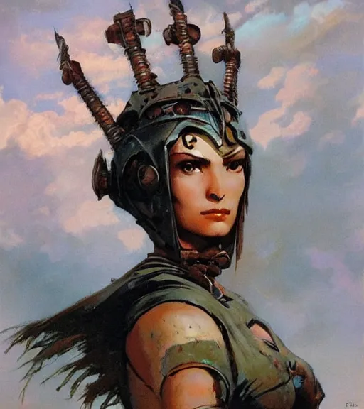 Image similar to mighty princess of the wasteland, scrap metal headdress, strong line, deep color, cloudy sky, beautiful! coherent! by brom, by frank frazetta, low angle