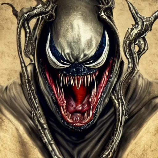 Prompt: venom king arthur version, ultra realistic, highly detailed, photorealism, scary, intricate detail, high res, textures, extremes, dark, twisted, black, wiry, superhero, antihero, powerful, teeth, licking tongue, armor, hair, knight trending on artstation