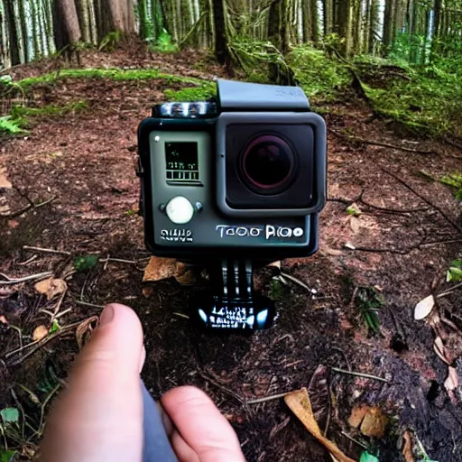 Image similar to a photo of a person looking down at a go pro they discovered in the forest