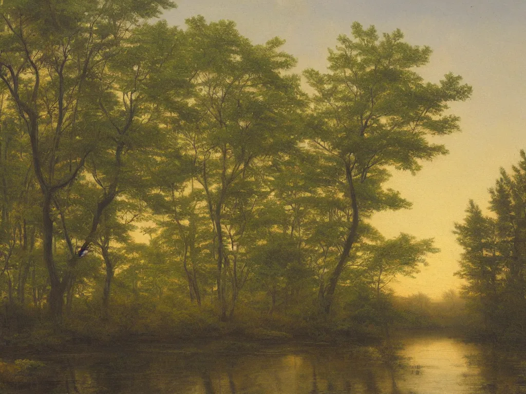 Prompt: hudson river school painting, naturalism, swamp, few little pines, corduroy road