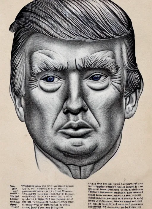 Image similar to vintage medical anatomical illustration of donald trump ( 1 9 8 4 ), highly detailed, labels, intricate writing