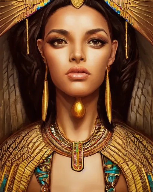 Image similar to Jessica Kahawaty as a beautiful egyptian princess, gorgeous, portrait, Symmetrical, powerful, intricate, beautiful, masterpiece, elegant, volumetric lighting, highly detailed, artstation, sharp focus, no cropping, illustration, Peter Mohrbacher, Artgerm, Jean-Léon Gérôme , ruan jia