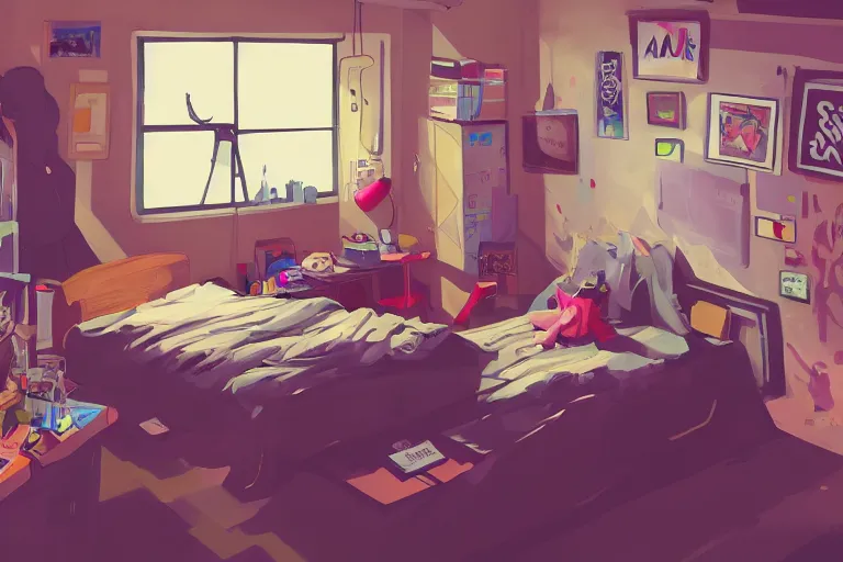 Prompt: a room of an american teen, graffiti and posters on the wall, bed, guitar, bright, the sun shines in, warm, cozy, isometric art, bright, artstation, highly detailed, cinematic lighting + masterpiece