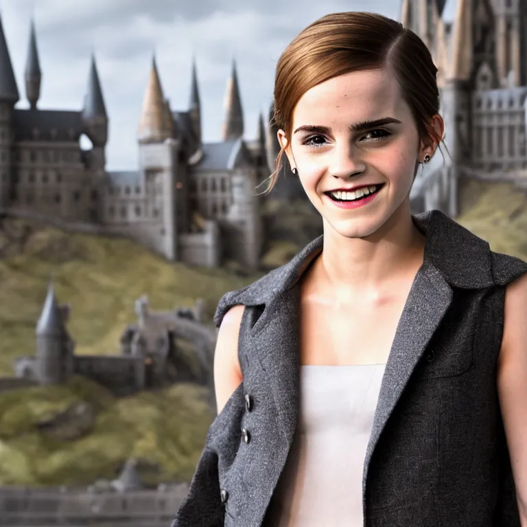 Image similar to Joyful!!! smiling Emma Watson wearing cyborg prosthetic. From Her (2013). Clear Hands. Clear body. Light Clothes. Hogwarts as Background. Cinematic. Professional Photo. UHD. 8k. Clear Face.