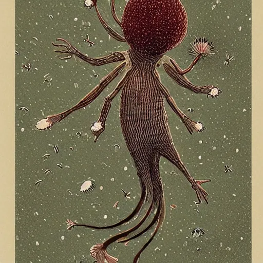 Prompt: small unknown creature releasing spores from appendages on it's back, on ancient paper, victo ngai