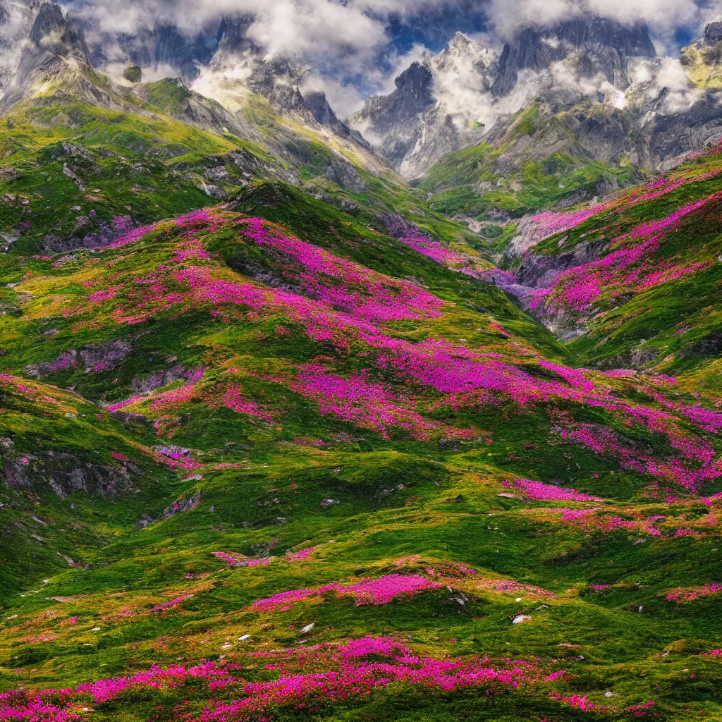 Prompt: valley of flowers with high and small monoliths, humans, renaissance, film grain, high detailed,