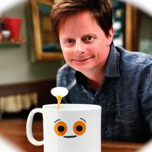 Image similar to Michael J Fox drinking holding mug with a poop emoji