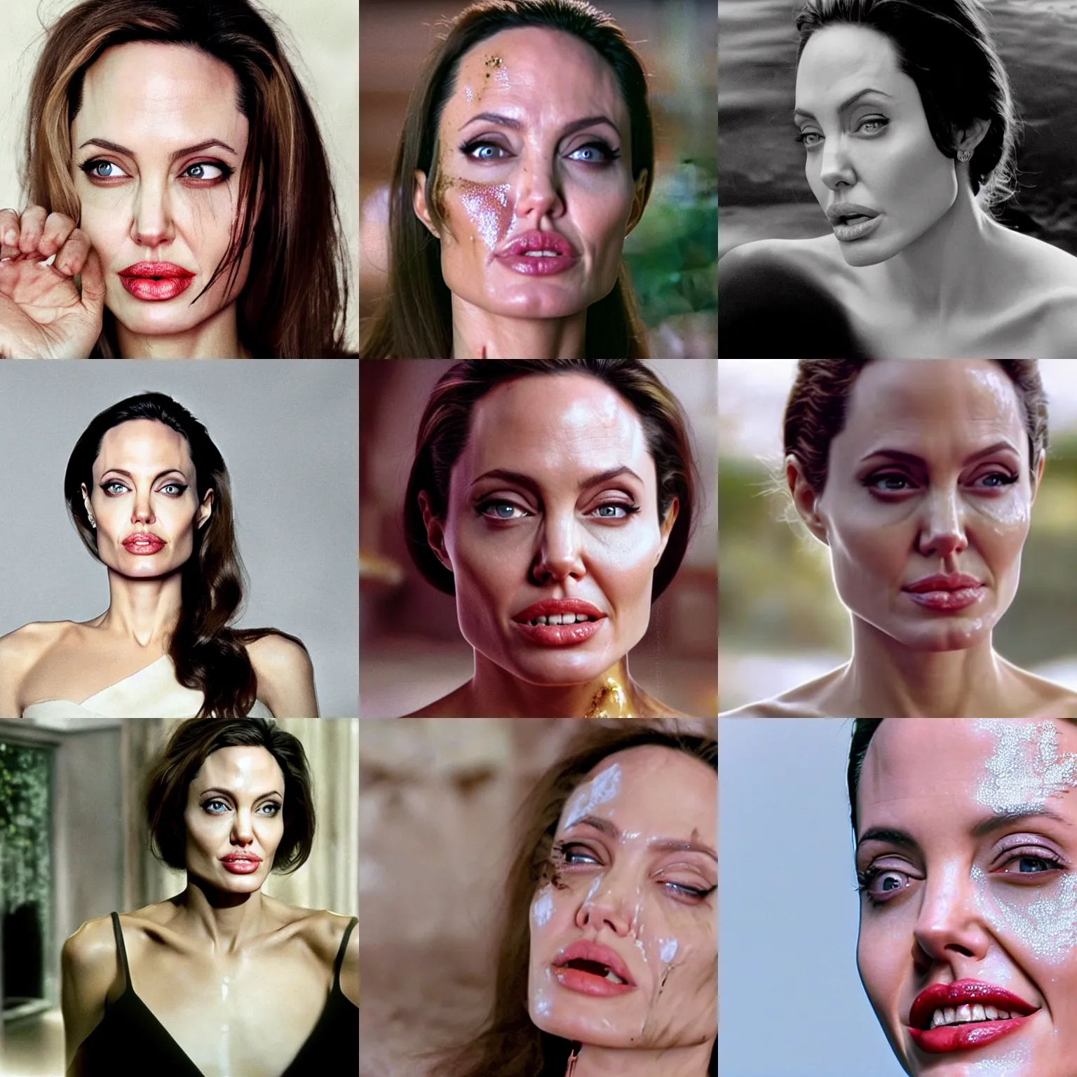 Prompt: a cinematic film still of angelina jolie a whitish, viscous liquid that has a jelly - like texture that is dripping off of her face. her face is coated in a whitish, sticky liquid that has a jelly - like texture. her faceis coated in a whitish jelly - like liquid 2 0 2 2