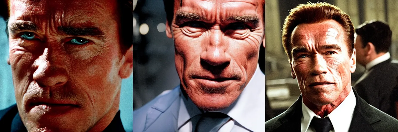 Prompt: close-up of Arnold Schwarzenegger as a detective in a movie directed by Christopher Nolan, movie still frame, promotional image, imax 70 mm footage