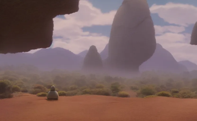 Image similar to a movie still from a studio ghibli movie showing a highly detailed landscape with a giant living buddha statue walking through a valley in the desert. misty, depth perception, 4 k