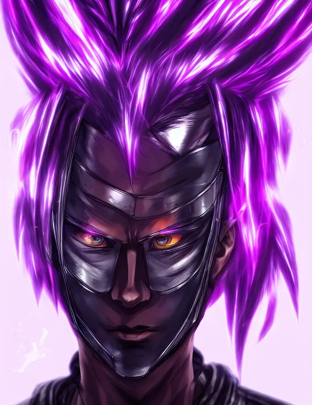 Prompt: a detailed manga portrait of a black haired man with a cybernetic body and face mask with purple fiery streaks, trending on artstation, digital art, 4 k resolution, detailed, high quality, sharp focus, hq artwork, coherent, insane detail, character portrait