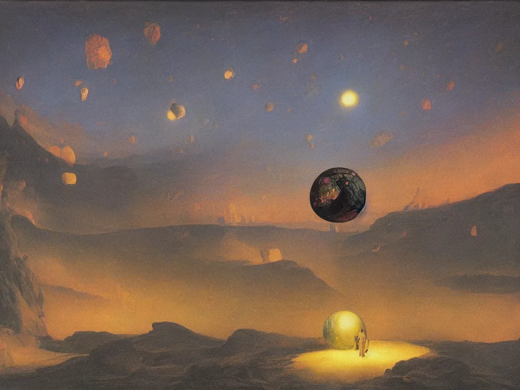 Image similar to phosphorescent, iridescent, psychedelic, marbled sphere floating in row to infinity above the hell pit mines. painting by caspar david friedrich, agnes pelton, max ernst, bosch.