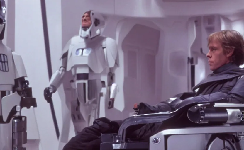 Prompt: cinematic still image screenshot luke skywalker in cybernetic wheel chair, from the tv show on disney + anamorphic lens, 3 5 mm film kodak from empire strikes back 1 9 8 3