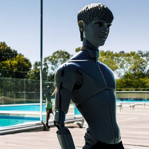 Image similar to a realistic detailed photo of a guy who is an attractive humanoid who is half robot and half humanoid, who is a male android, soccer player martin ødegaard, shiny skin, posing like a statue, blank stare, by the pool, on display, showing off his muscles, humanoid robot, frozen ice statue