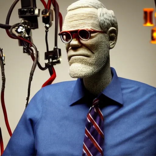 Image similar to animatronic David Letterman, exposed wires, photo, Stan Winston studios, detailed, 4k