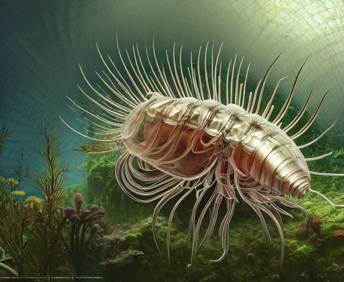 Image similar to transparent clear see - through image of many isopods, lush botany, flowers, industrial plant environment, ultra realistic, concept art, photorealistic, octane render, 8 k, unreal engine. art by gustave dore and nori inoguchi and sam kaplan and zachary goulko and christopher marley and artgerm and alphonse mucha