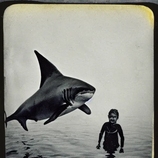 Prompt: tintype photo, swimming underwater, kid with huge shark